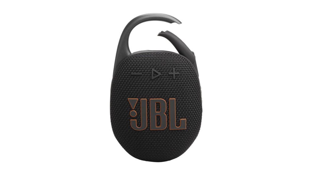 Black JBL Clip 5 portable speaker with a carabiner attached.