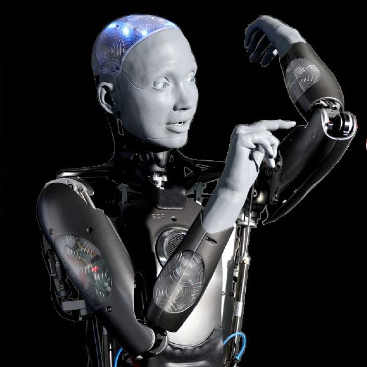 Ameca humanoid robot with realistic facial expressions designed for social interaction.