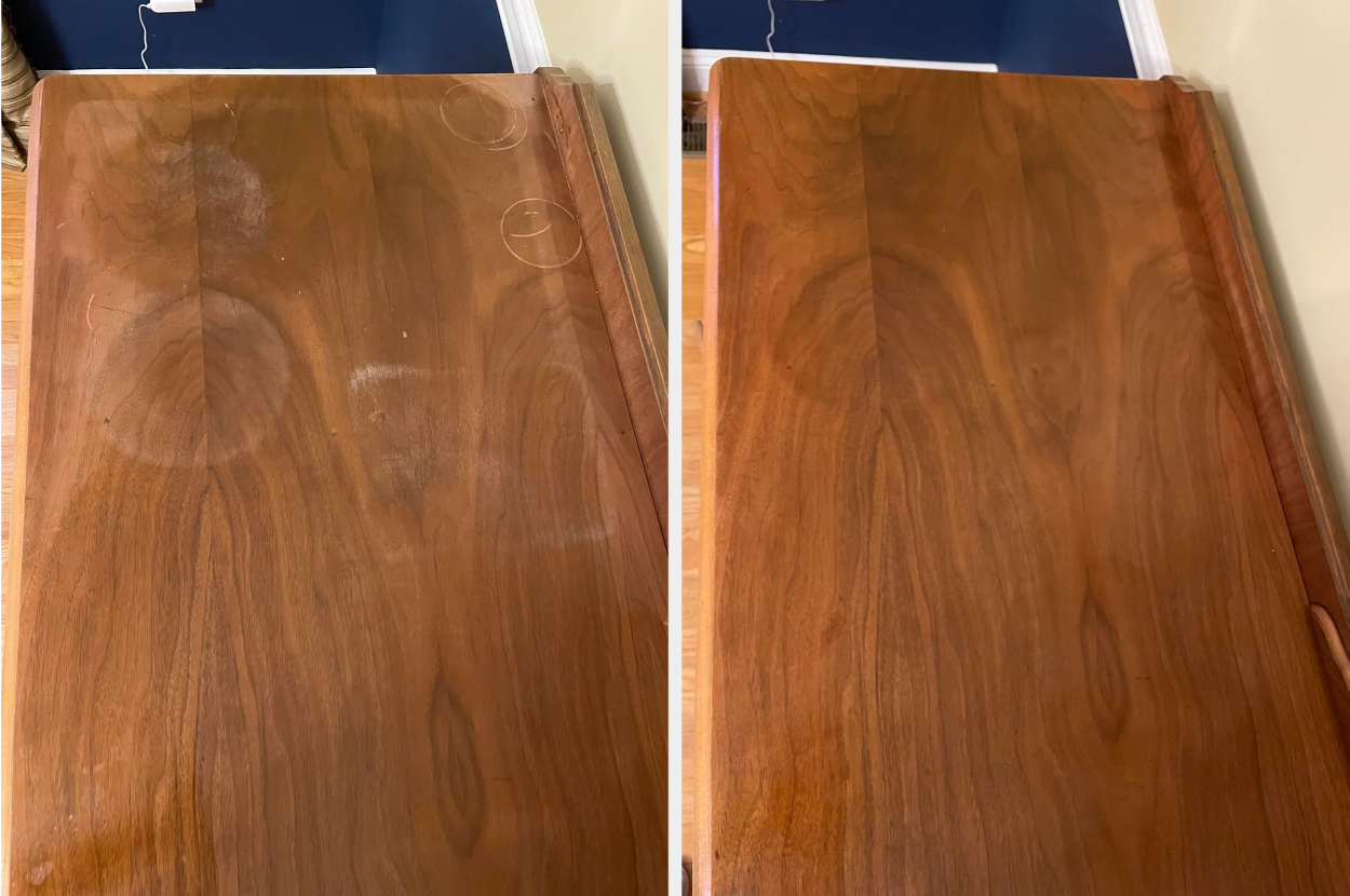 Before and after comparison of water rings being removed from a dark wooden tabletop.