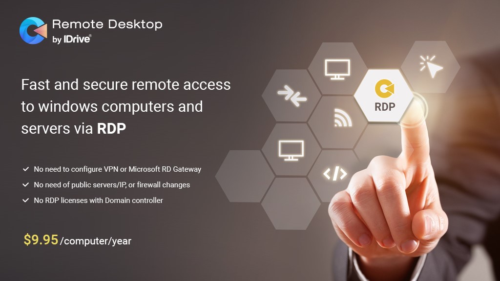 The IDrive remote desktop management interface showing various settings and feature options.