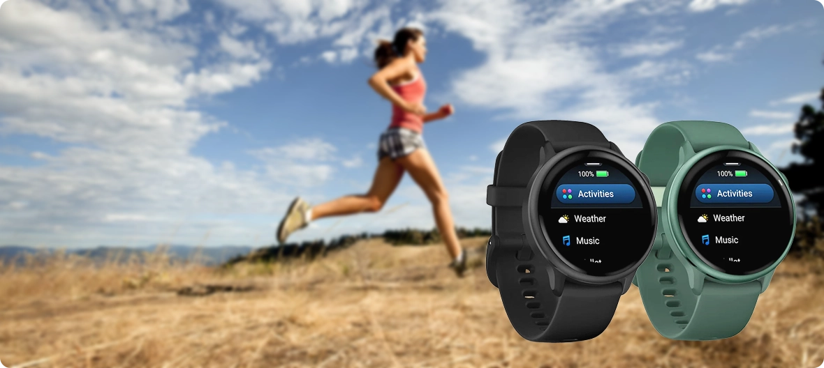 Garmin Vivoactive 6 screen displaying advanced running dynamics and pace metrics.