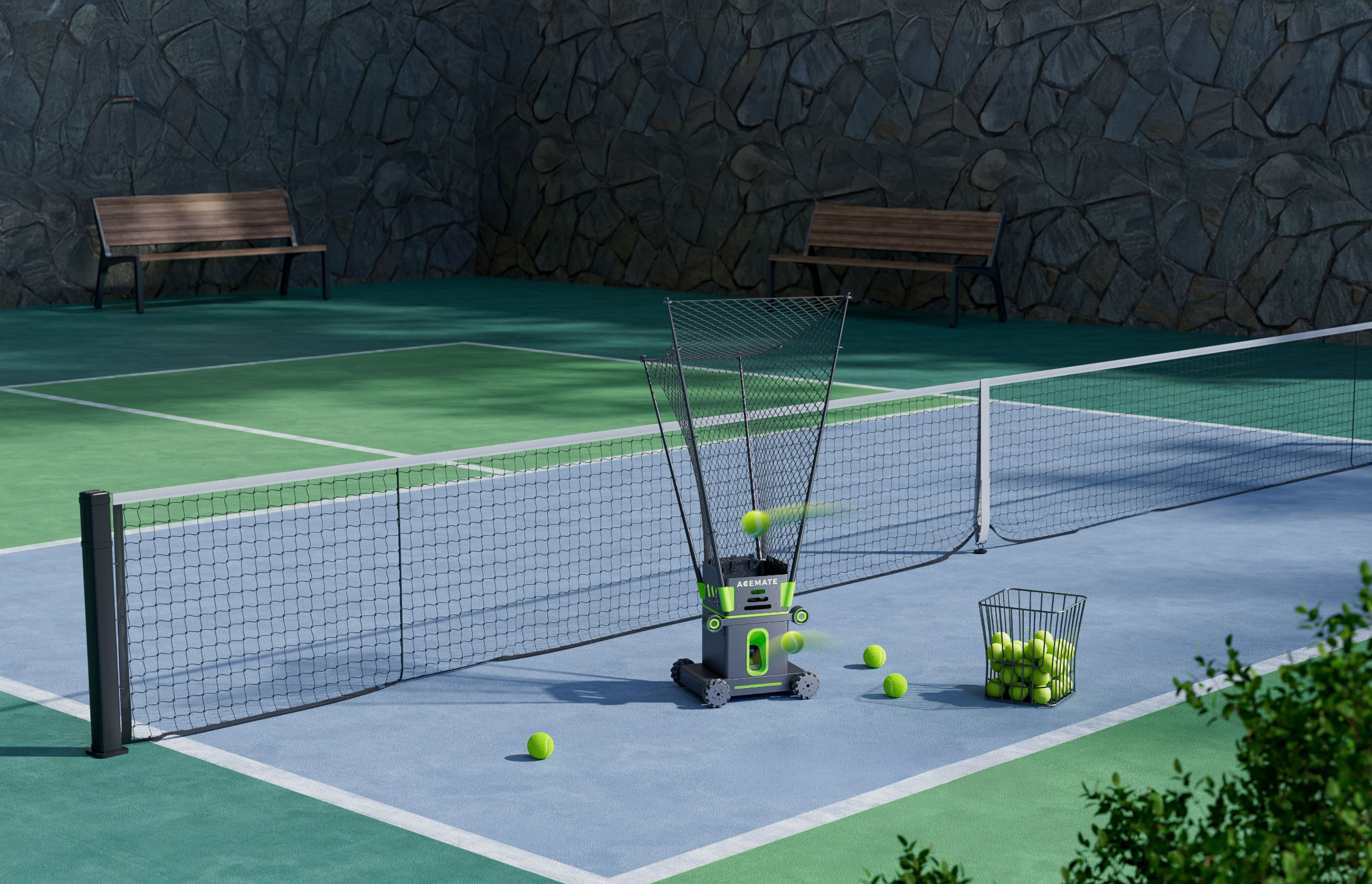 The Acemate Tennis Robot positioned on an indoor tennis court.