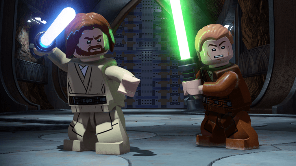 Obi-Wan Kenobi and Anakin Skywalker rendered as LEGO minifigures with lightsabers.
