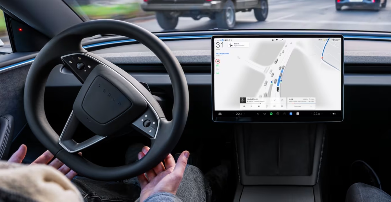Tesla Full Self-Driving FSD Supervised interface on vehicle touchscreen showing 3D road visualization