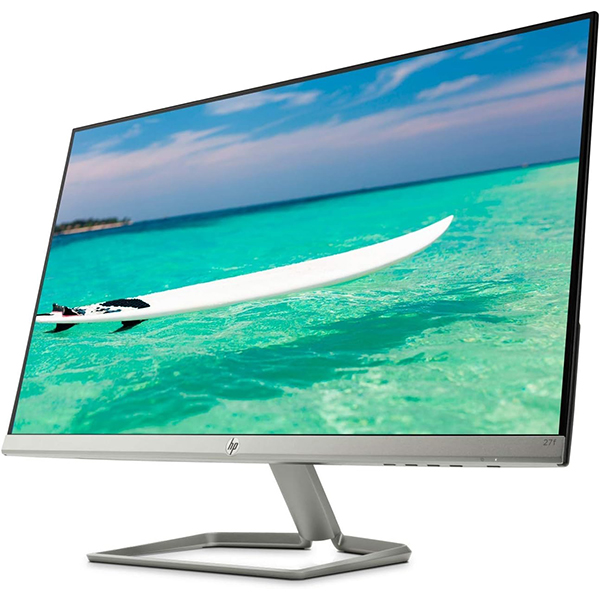 A large 27-inch 4K HP monitor with an adjustable stand on a clean desk.