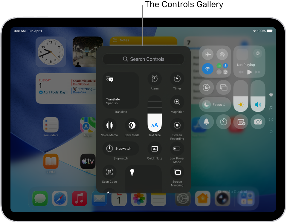 iPad screen in Control Center edit mode displaying the controls gallery with available system icons.