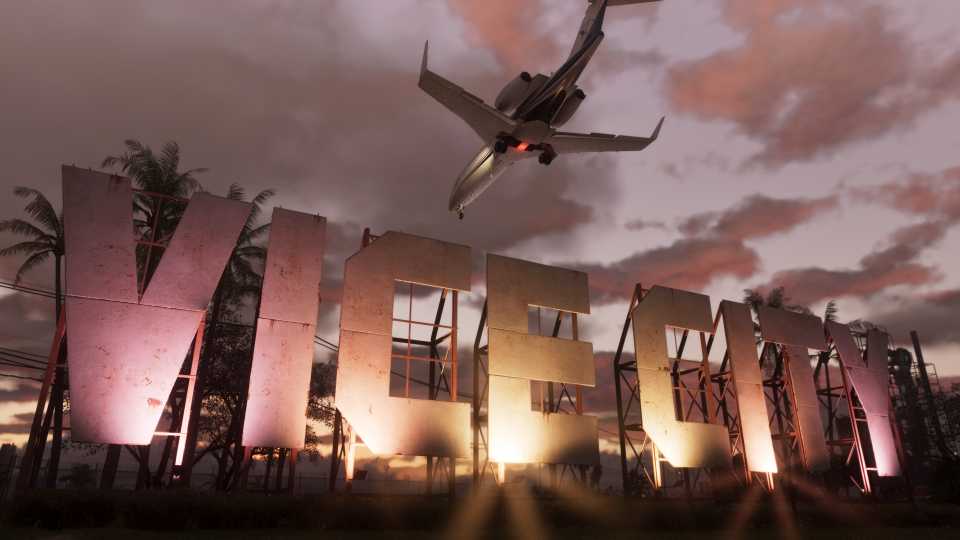 Official GTA VI promotional artwork featuring the game logo and sunset background.