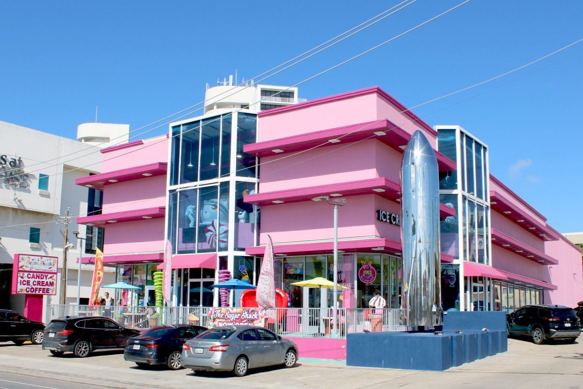 The Sugar Shack candy store exterior with space-themed decorations on South Padre Island.