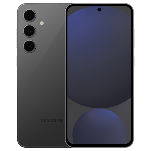 Front and back view of the Samsung Galaxy S24 FE in Graphite finish.