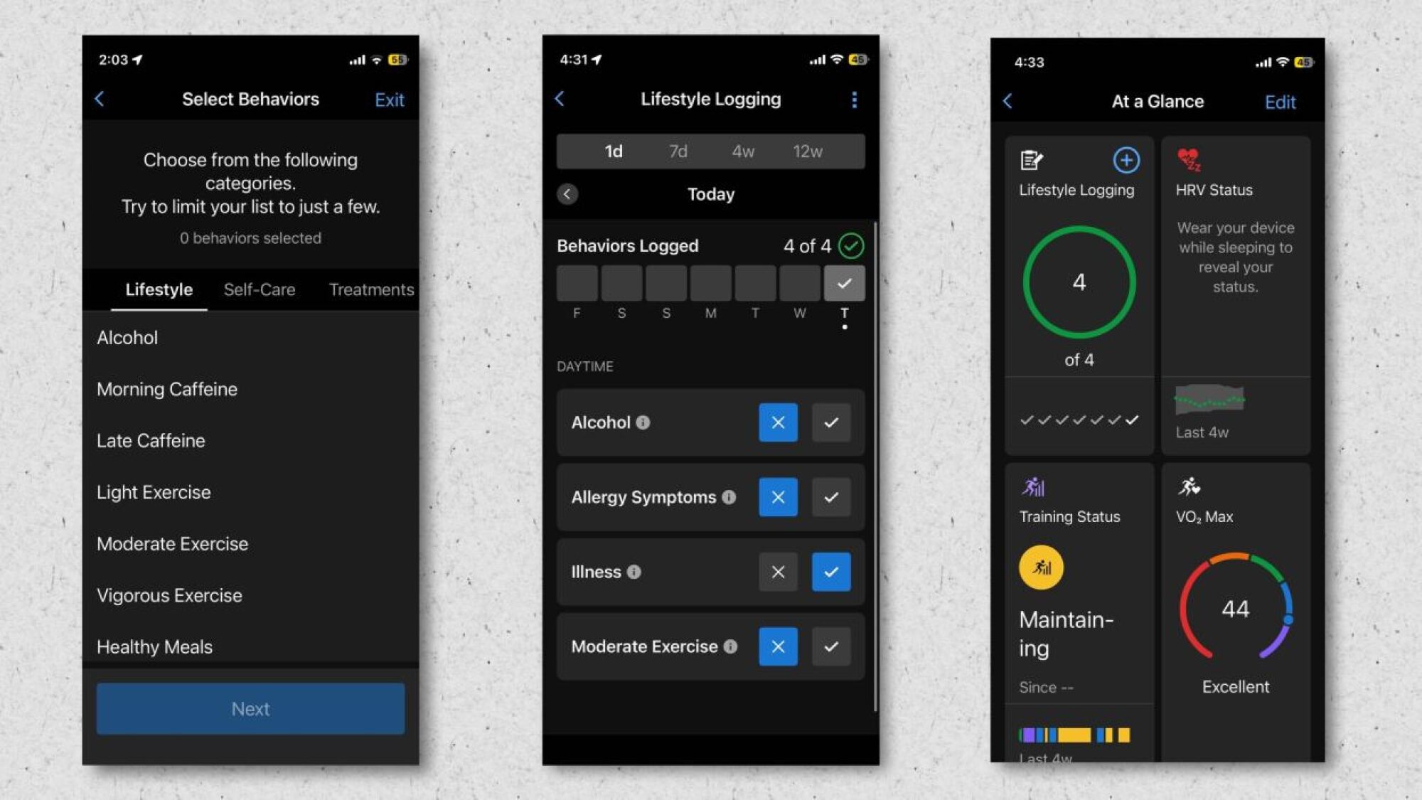 Screenshots of the Garmin Connect mobile app showing activity rings and health metrics.