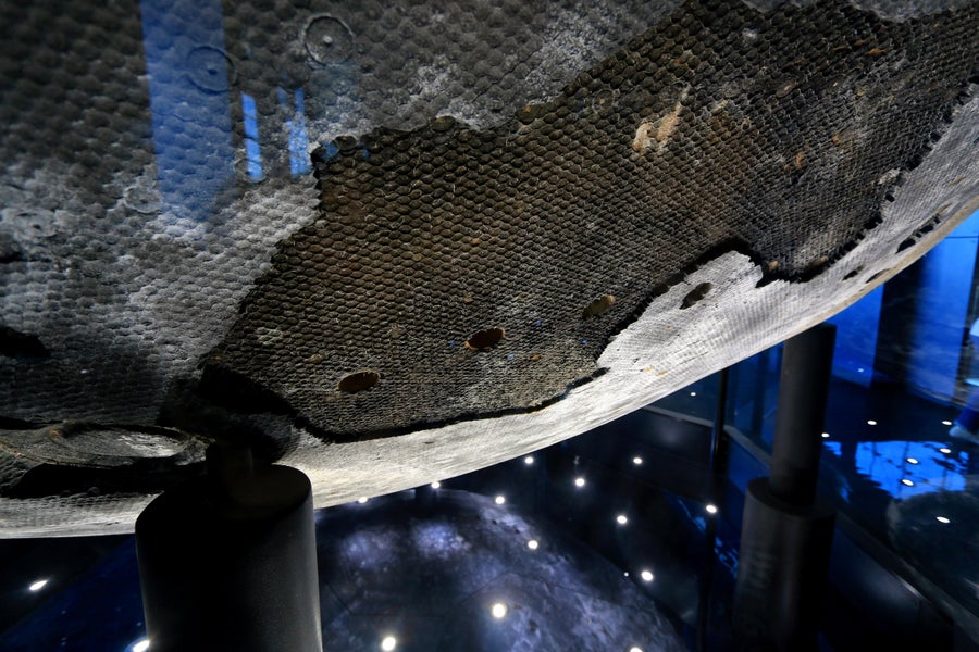 Detailed view of the honeycomb-style heat shield structure from a returned Apollo 16 module.