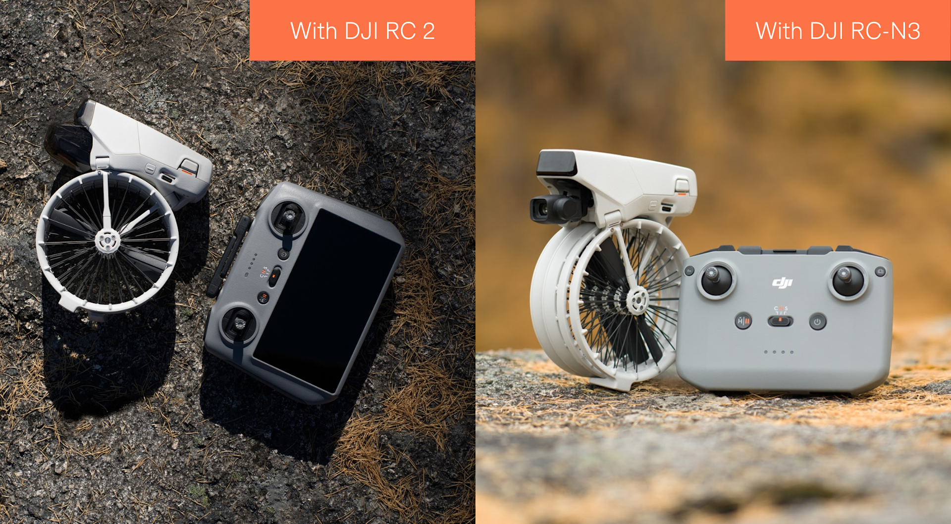 DJI Flip drone next to the DJI RC 2 remote controller.