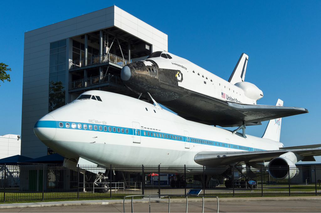 The Space Shuttle Independence mounted on a carrier aircraft at NASA Johnson Space Center.