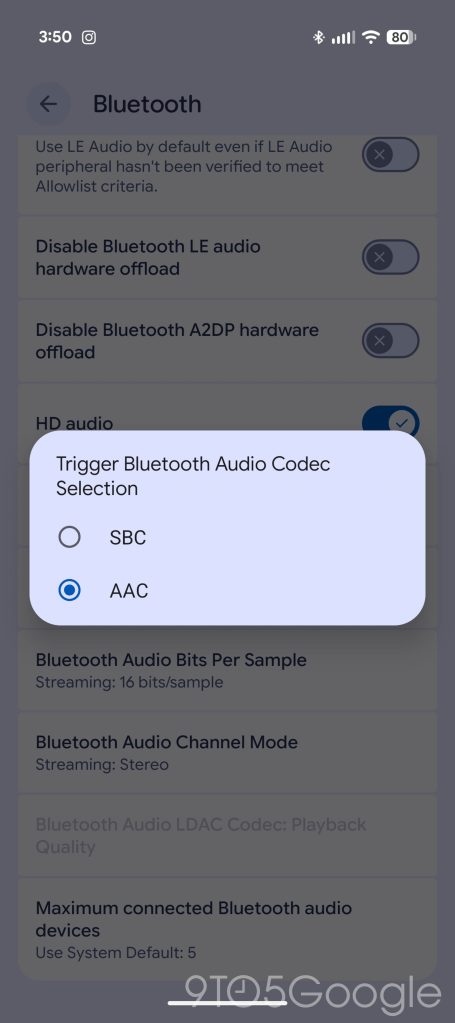 A smartphone screen showing the selection of LHDCv5 as the active Bluetooth audio codec.