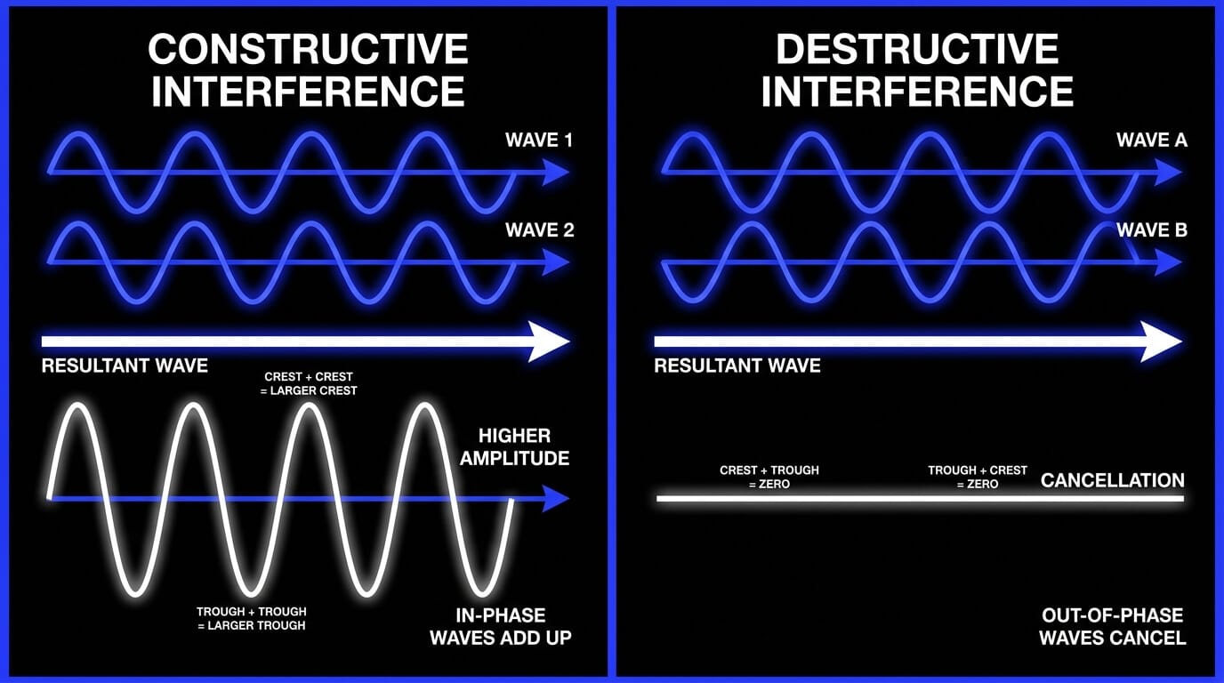 Comparison between constructive and destructive sound wave interference patterns.