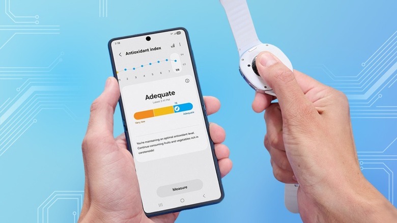 An illustration of a user measuring their Antioxidant Index on a Samsung smartwatch, highlighting advanced health monitoring.