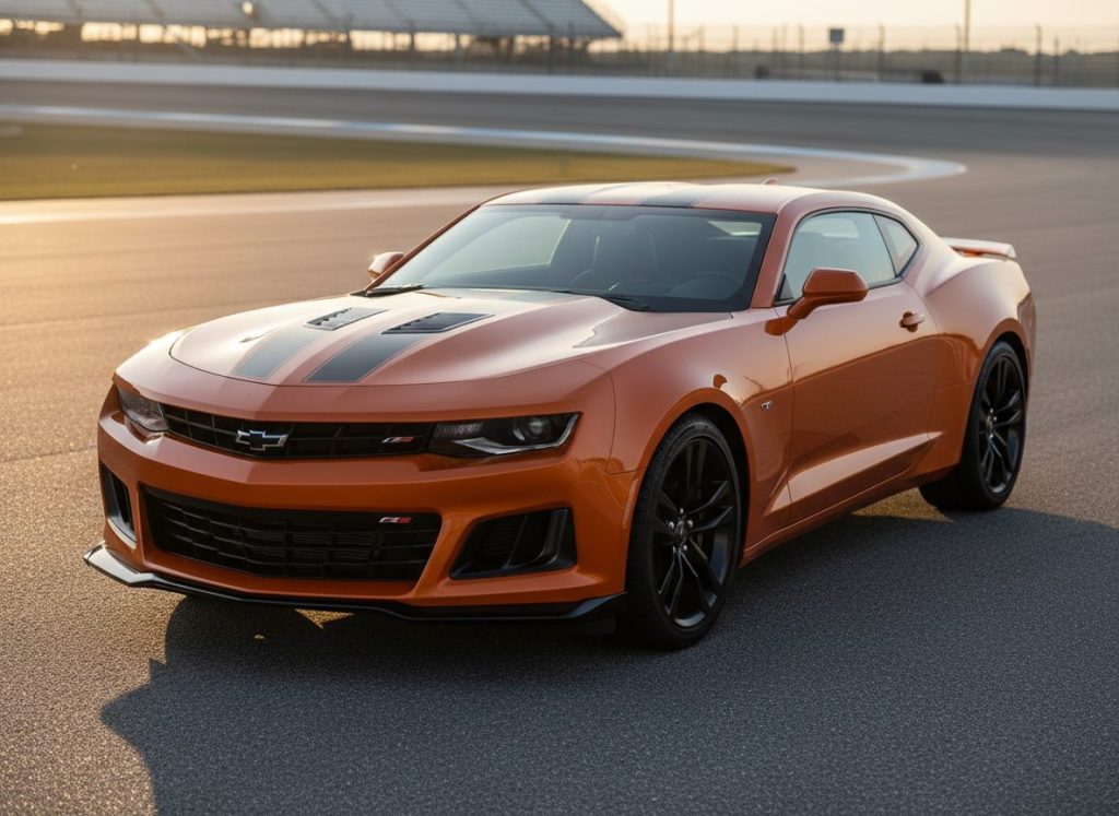 A blue 1969 Chevrolet Camaro Z/28 with white racing stripes and a cowl induction hood.