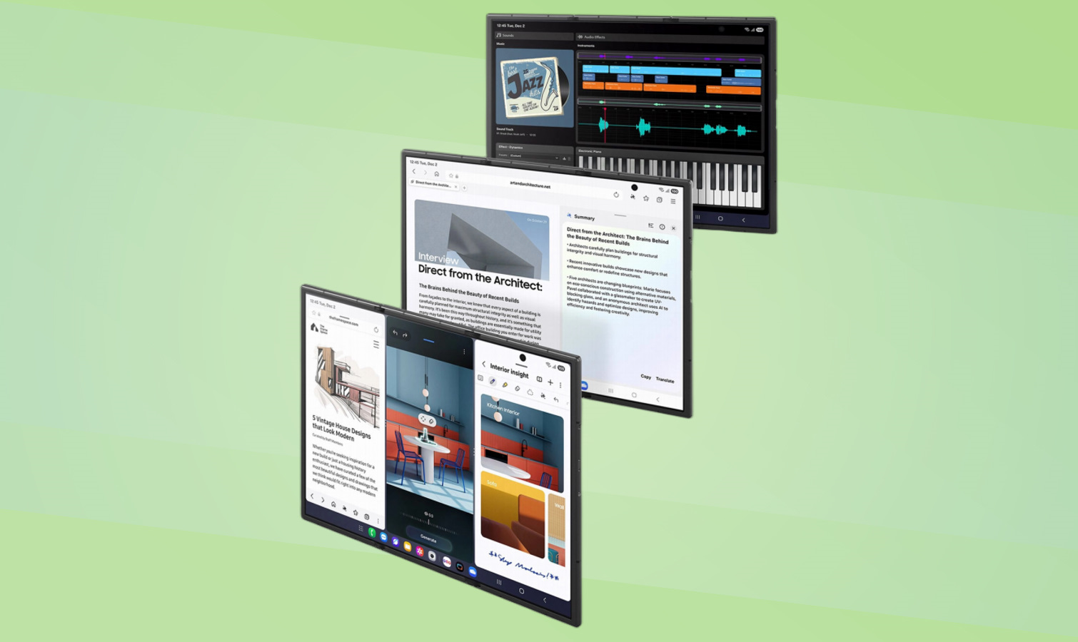 The Samsung Galaxy Z TriFold screen displaying multiple apps running simultaneously in a split-view layout.