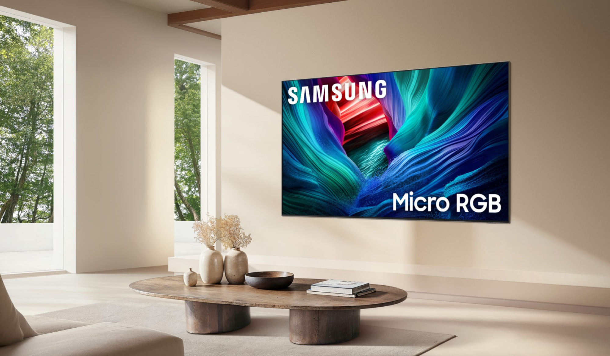 Samsung Micro RGB TV mounted on a wall in a modern living room environment.