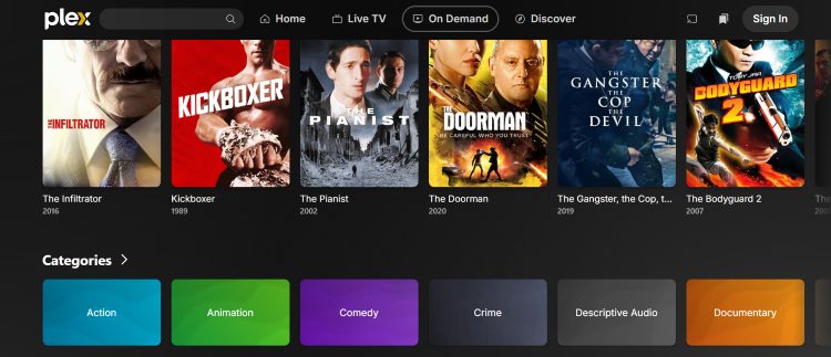 The Plex TV interface showing a grid of movie posters and navigation menus for free on-demand content.