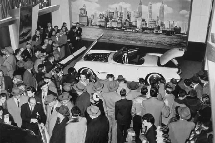 Rear quarter view of the found 1953 Corvette, showing its tail fins and aged paint.