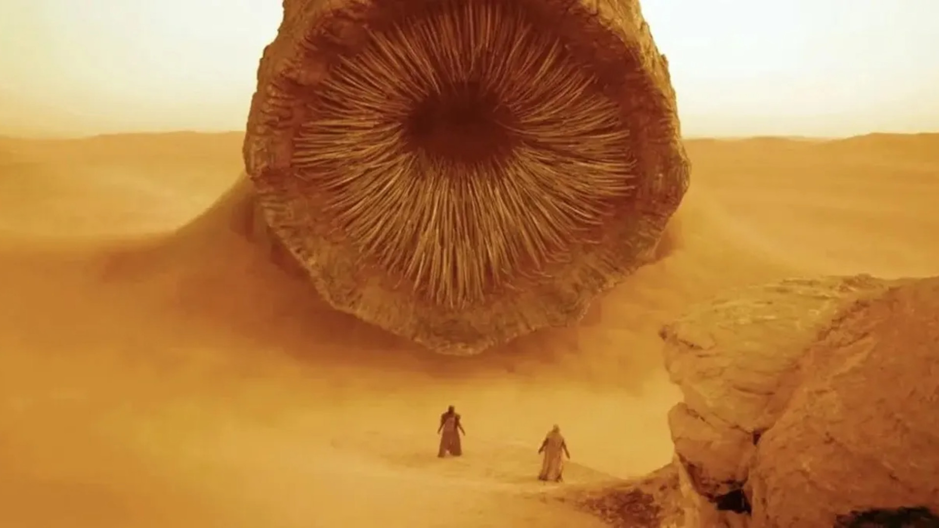 A cinematic landscape shot from the movie Dune showing high-contrast desert visuals.