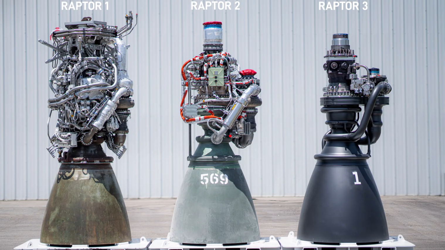 Side-by-side comparison of SpaceX Raptor 1, 2, and 3 rocket engines showing simplified design and increased power.