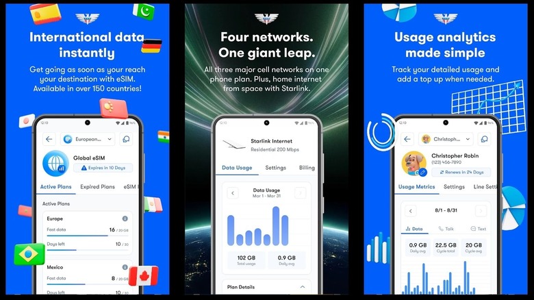 US Mobile smartphone app interface showing international eSIM data options and usage analytics.