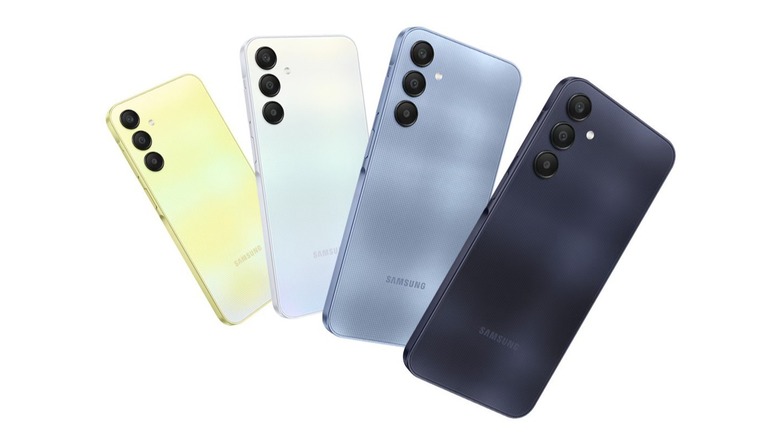 Four Samsung Galaxy A25 5G handsets shown from the back in different colors against a white background.