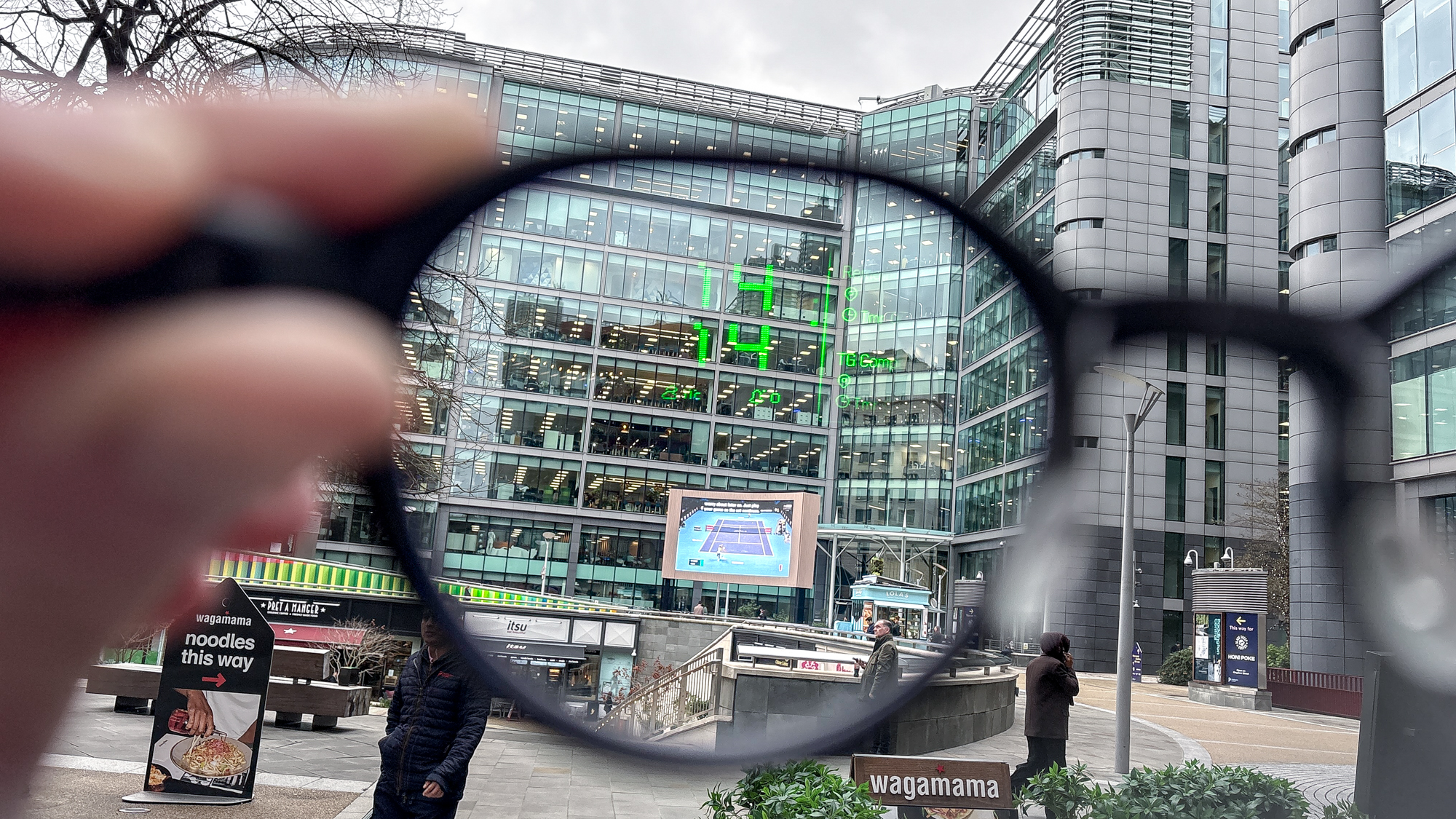 Close-up of the G2 lens highlighting the waveguide etching used for the head-up display.