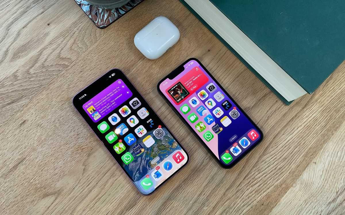 Comparison shot of two iPhone models showing the difference between the 6.1-inch and larger display sizes.