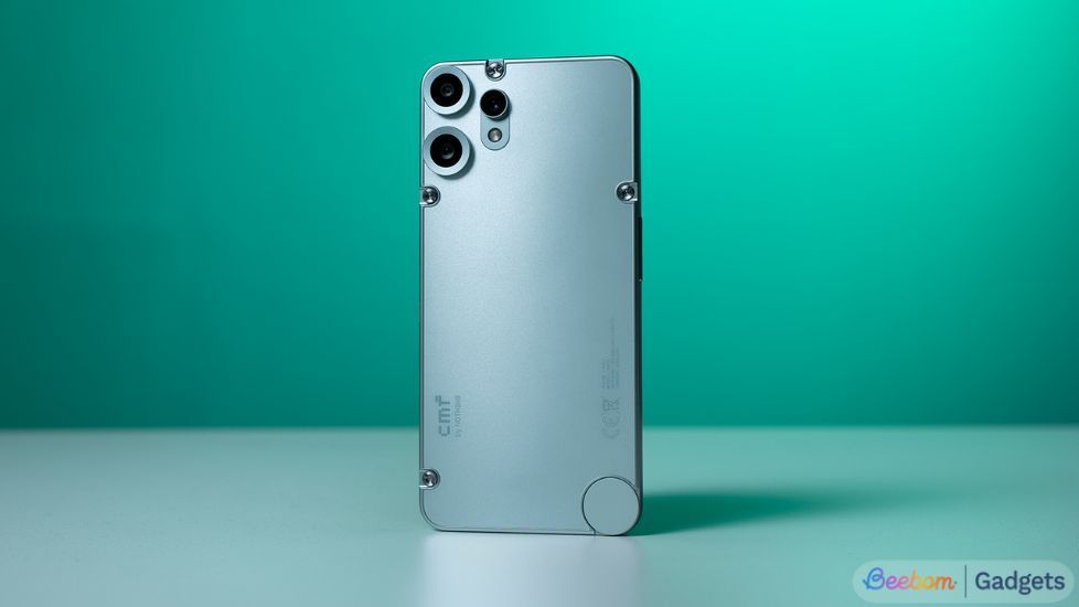 The CMF Phone 2 Pro standing upright on a table, highlighting its industrial aesthetic.