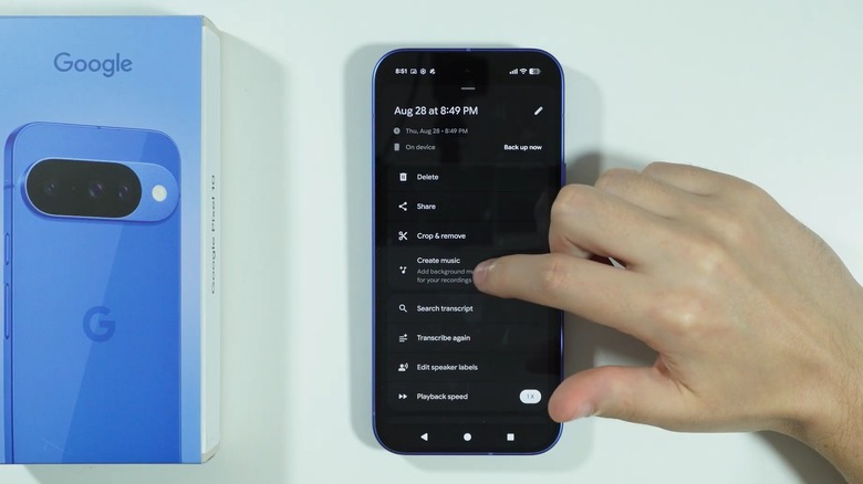 Pixel Recorder app menu showing the option to generate AI background music.