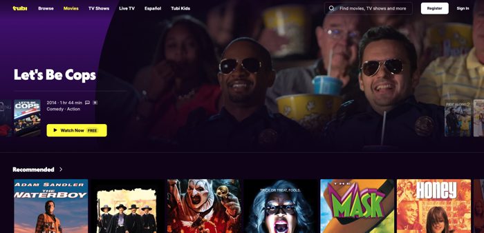 Screenshot of the Tubi streaming website interface showcasing featured free movies and TV show categories.