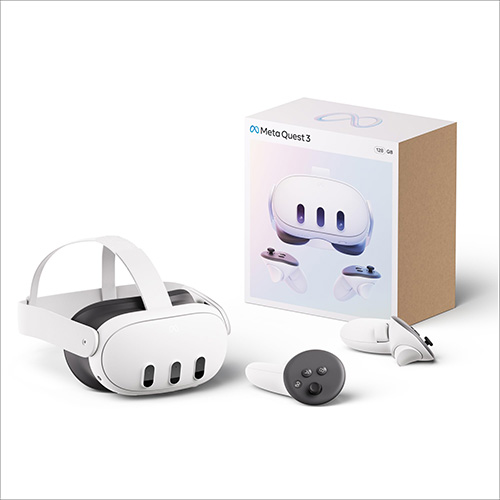 Close-up of the Meta Quest 3 VR headset on a professional white background.