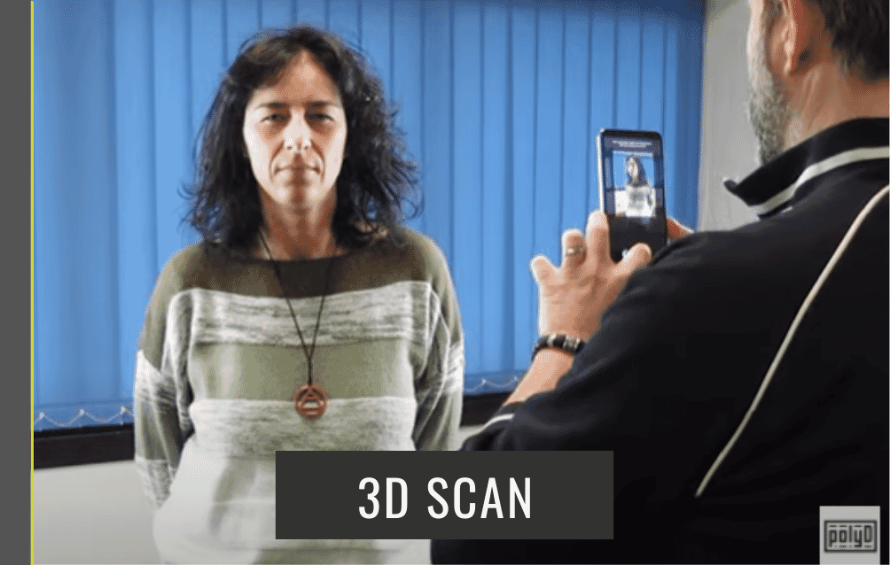 A person being scanned in 3D using a mobile smartphone interface.