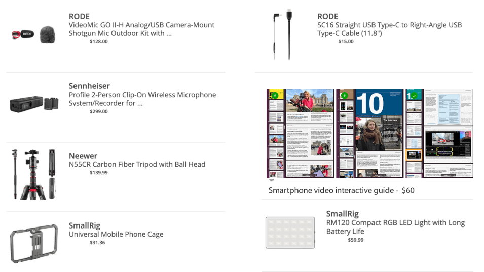 A smartphone mounted in a professional video rig with a shotgun microphone and LED light.