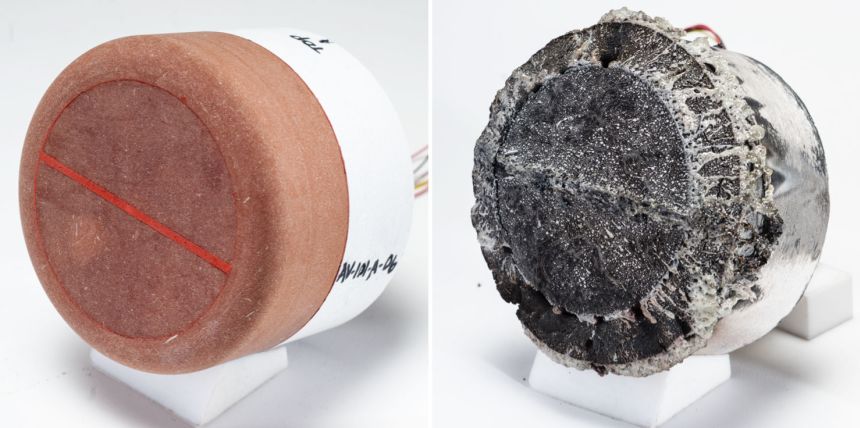 A split comparison photo showing Avcoat material before and after a 660-second high-temperature heating test.