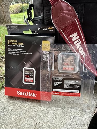 SanDisk SD card being inserted into a DSLR or mirrorless camera slot.