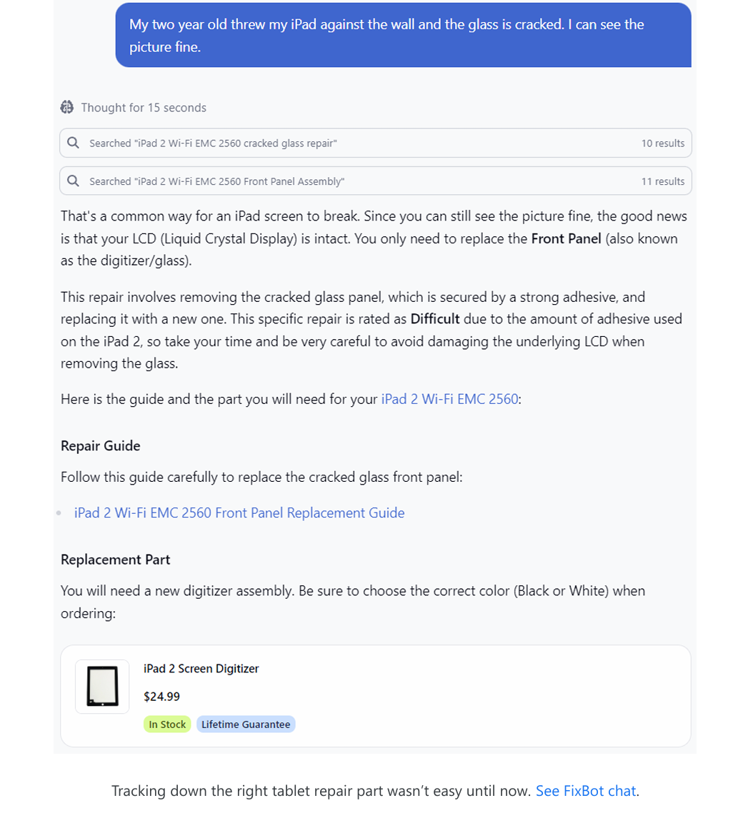FixBot AI repair assistant chat interface in the iFixit app.