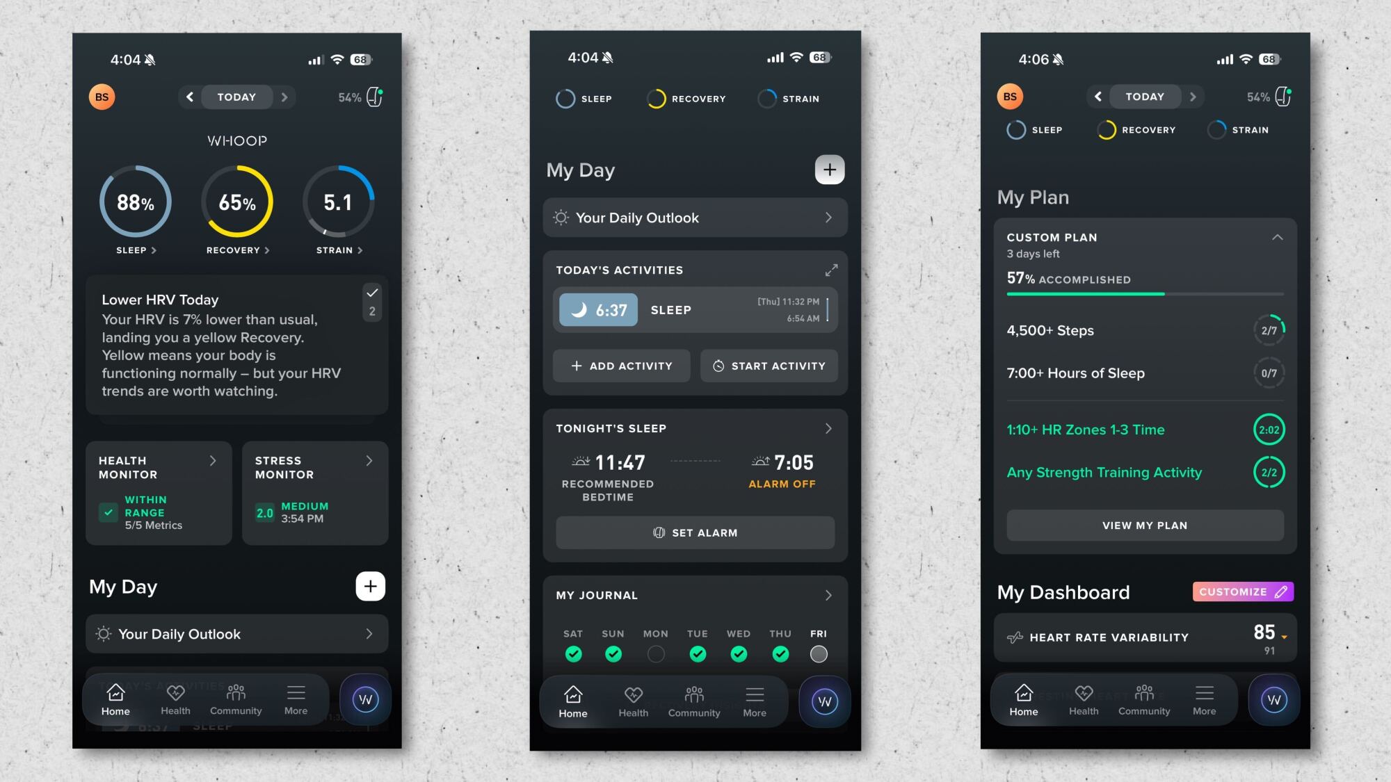 Smartphone screen displaying the Whoop app recovery score and sleep performance data.