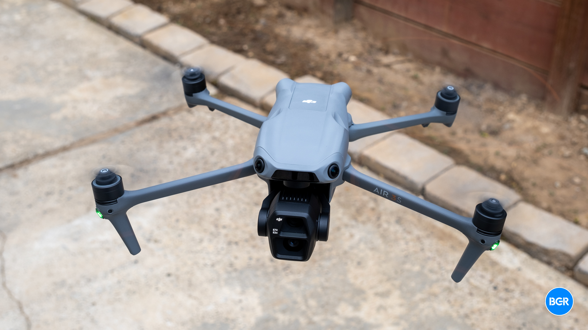 Detailed close-up of the DJI Air 3S sensors and body construction.