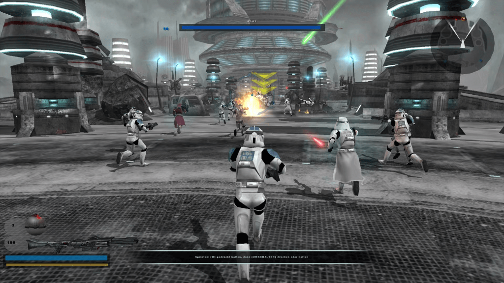 A Stormtrooper in the middle of a battle during the classic 2005 Battlefront II gameplay.