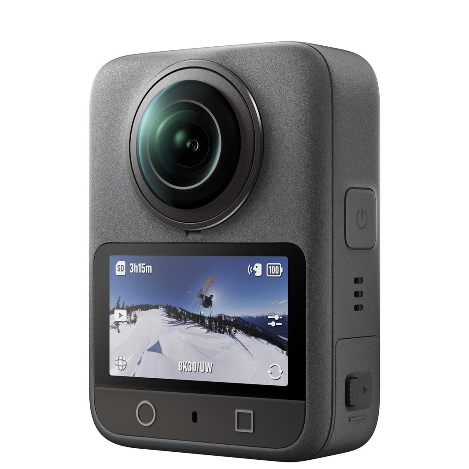 Close up of the DJI Osmo 360 screen showing a person skiing.