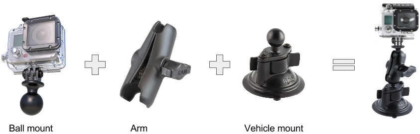 Technical diagram showing a GoPro camera attached to a suction cup dashboard mounting system.