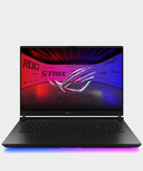 Front view of the ASUS ROG Strix Scar 18 with its RGB lighting active.