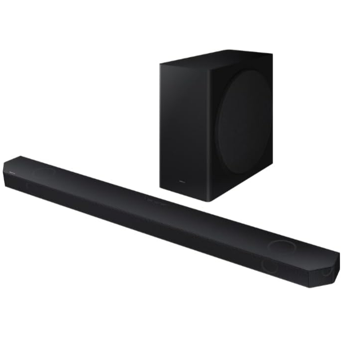 Samsung HW-Q800D soundbar positioned on a wooden surface.