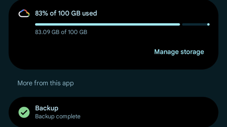 System settings screen showing cloud storage usage and backup status for the Recorder app.