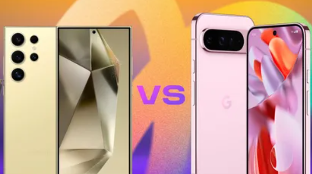 Side-by-side view of the Samsung Galaxy S24 Ultra and the Google Pixel 9 Pro XL.