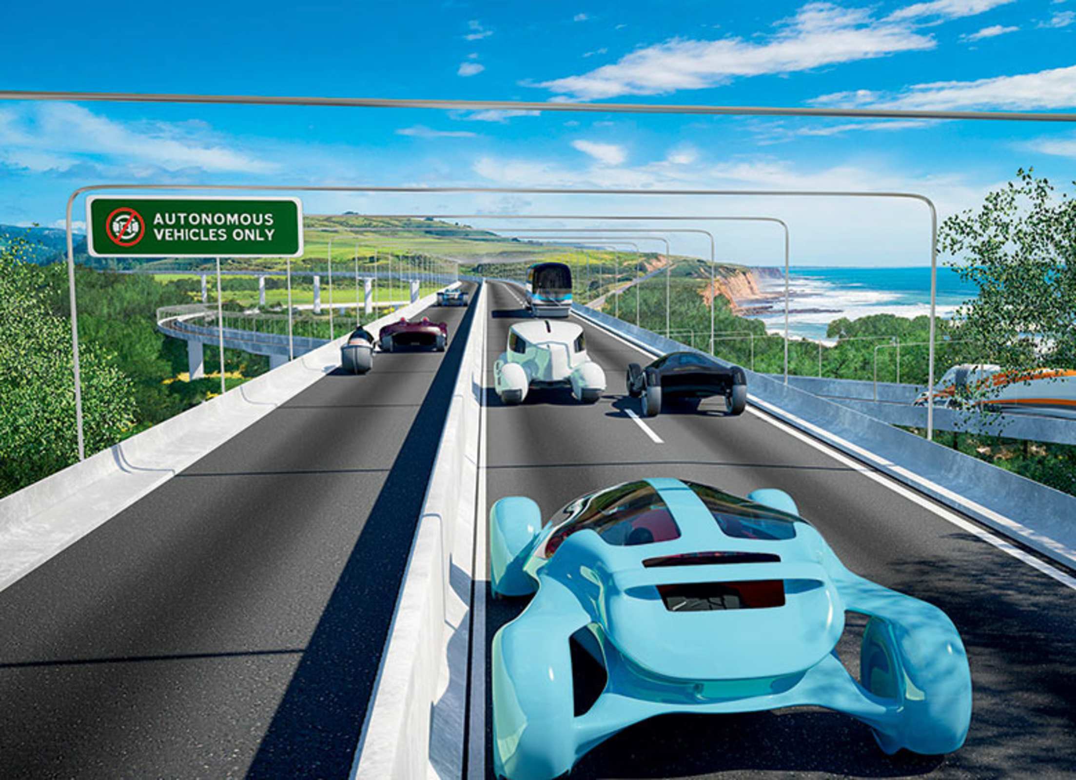 Conceptual illustration of autonomous vehicles driving on a multi-lane highway of the future.